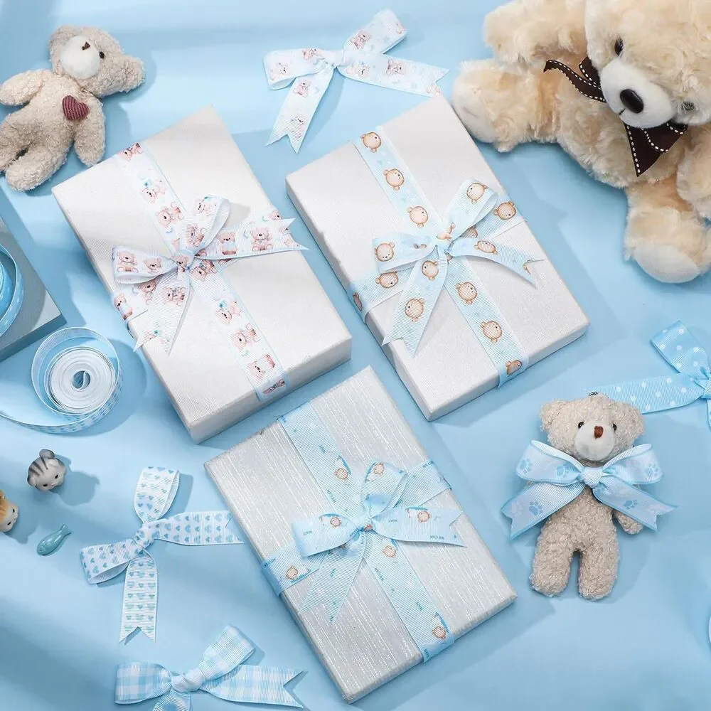 8 Roll Baby Elephant Grosgrain Ribbon 7/8 Inch Blue Baby Shower Footprint 40 Yd